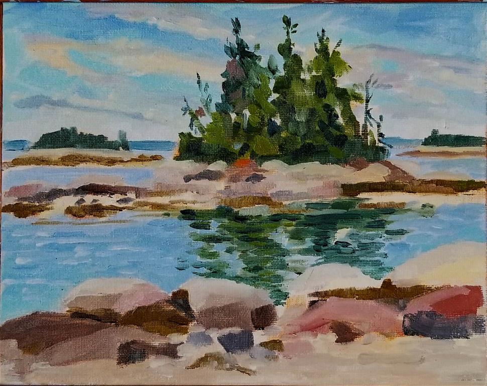 Sally Littlefield's painting Morning Light Low Tide at Sand Beach, Stoneington, Maine